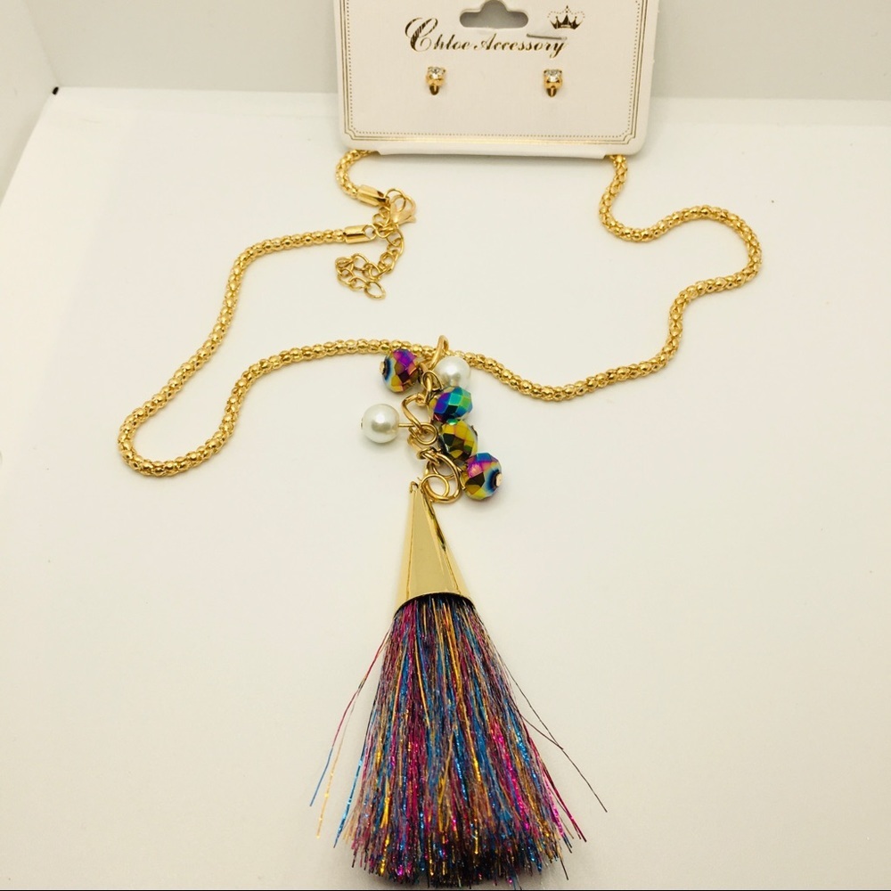NECKLACE TASSEL & EARRINGS MULTI COLORED! Pierced! - Picture 1 of 11